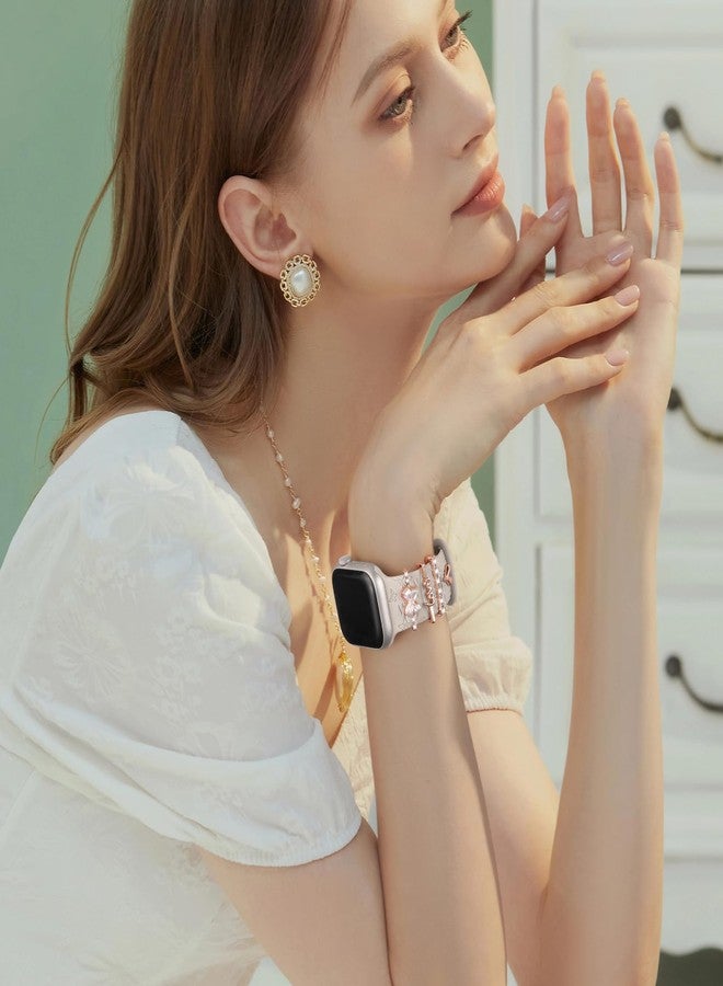 Wowstrap Floral Engraved Band for Apple Watch Bands 40mm for Women Men 41mm 38mm,Flower Soft Silicone Sport Band+Decorative Apple Watch Charms for iWatch Series 9 8 7 6 5 4 3 SE 2nd Ultra/2,Jewelry Loops Strap - Image 3