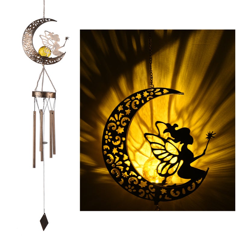 Solar Wind Chimes Light Flower Fairy Moon Metal Outdoor Decoration - IP65 Waterproof Solar Powered Night Light for Patio Courtyard - Image 1