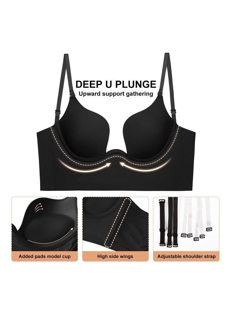 SYOSI Backless Bra, Women's Low Back Bra Deep U Shaped Plunge, Bralette Multiway Convertible with Clear Straps, Push Up Intimates Female Summer, Soft Wire Lifting Bras for Dress Wedding, 36/80 AB - Image 2