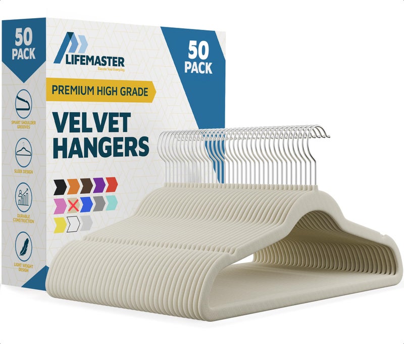 Lifemaster Velvet Non-Slip Hangers - 50 Pieces Non-slip Coat Hanger Set with 360Â° Swivel Hook, Space-Saving, Sleek Design, Keep Closet Organized, Smooth Velvet Finish, Lightweight Construction - Ivory - Image 1