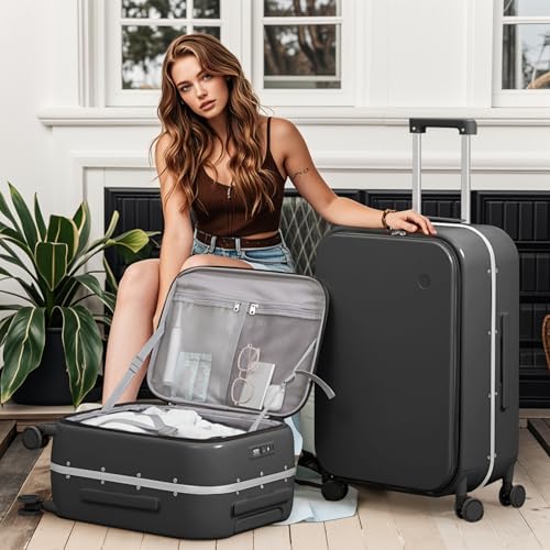 mixi 20 Inch Carry On Luggage 22x14x9 Airline Approved PC Hard Shell Suitcase Top Opening Aluminum Frame Travel Suitcases with Wheels, Blcak - Image 2