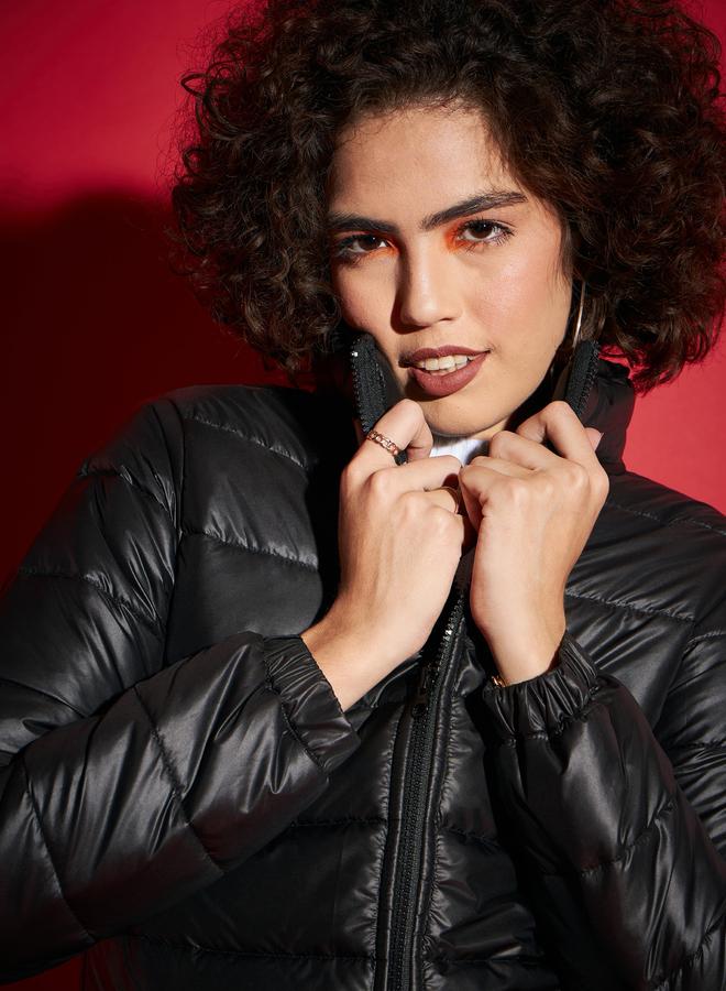 SASSAFRAS Black Regular Fit Puffer Bomber Jacket - Image 4