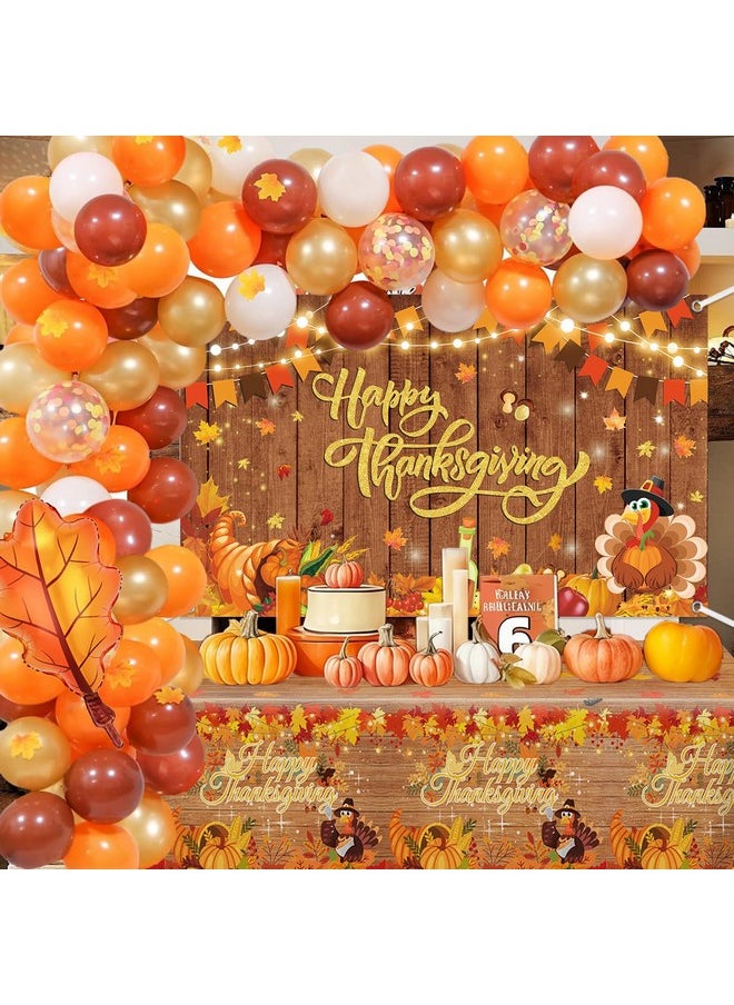 MEHOFOND Happy Thanksgiving Party Decorations, Thanksgiving Harvest Balloons Garland Arch Kit, Fall Rustic Maples Wood Banner Tablecloth Happy Thanksgiving Day Fiesta Fall Pumpkin Themed Decor  - Image 1