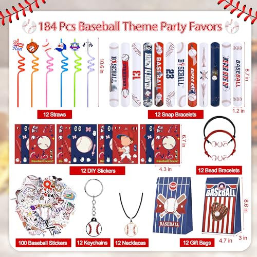 Aneco 184 Pcs Baseball Theme Party Favors with Gift Bags Snap Bracelets Keychains DIY Stickers Bead Bracelets Straws Necklaces for Goodie Bag Fillers Baseball Sports Birthday Party Supplies - Image 5