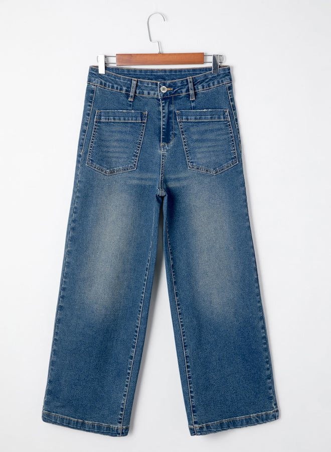 Sidefeel Women's Wide Leg Jeans High Waisted Stretchy Jeans Straight Leg Loose Fit Zimbaplatinum Ankle Denim Pants, Vintage Blue, 8 - Image 4