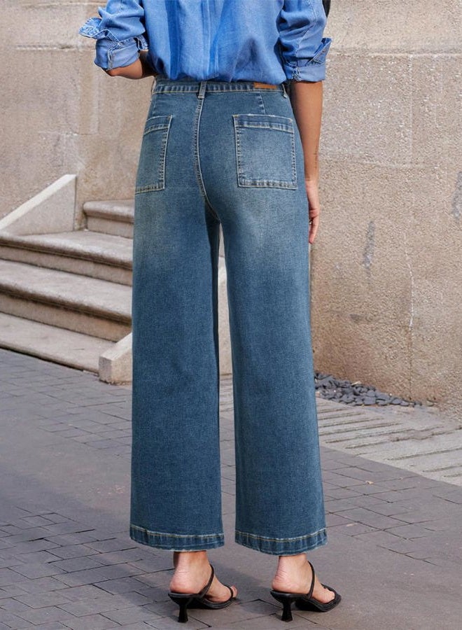 Sidefeel Women's Wide Leg Jeans High Waisted Stretchy Jeans Straight Leg Loose Fit Zimbaplatinum Ankle Denim Pants, Vintage Blue, 8 - Image 3
