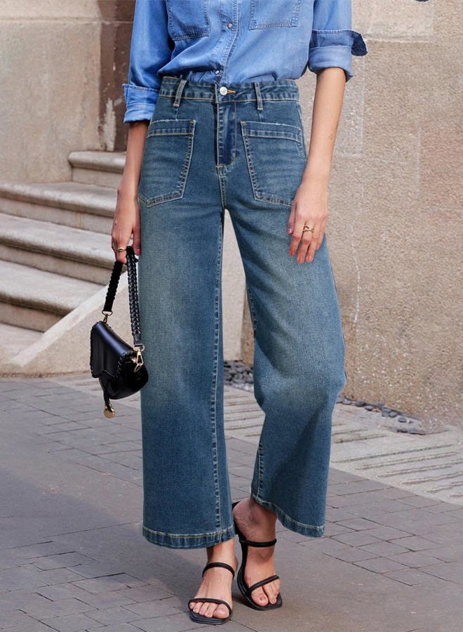 Sidefeel Women's Wide Leg Jeans High Waisted Stretchy Jeans Straight Leg Loose Fit Zimbaplatinum Ankle Denim Pants, Vintage Blue, 8 - Image 2