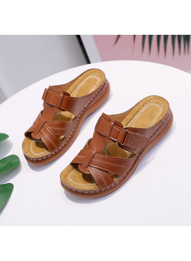Women's Large Size Slippers 44 Large Size 43 Sandals European And American Retro Solid Color Wedge Heel Thick Sole