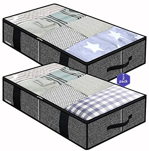 Onlyeasy Underbed Fabric Storage Bags Organizer with 4 Handles 2 Zippers and Large Clear Window for Clothes Blankets Bedding Foldable with Sturdy Structure 2 Pack Linenlike Black MXAUBBSS2P