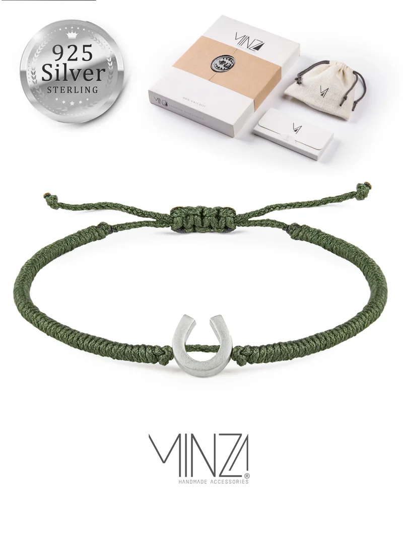 Minza Minza “Luck” Men’s Silver Bracelet, Sterling Silver 925 Horseshoe Charm, Handmade Adjustable Hemp Cord Bracelet, Jewelry for Casual & Everyday Wear.