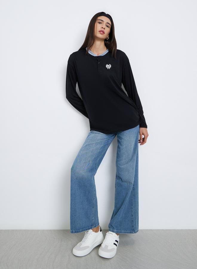 Styli Black Minimal Print Oversized Polo T-Shirt - Image 2