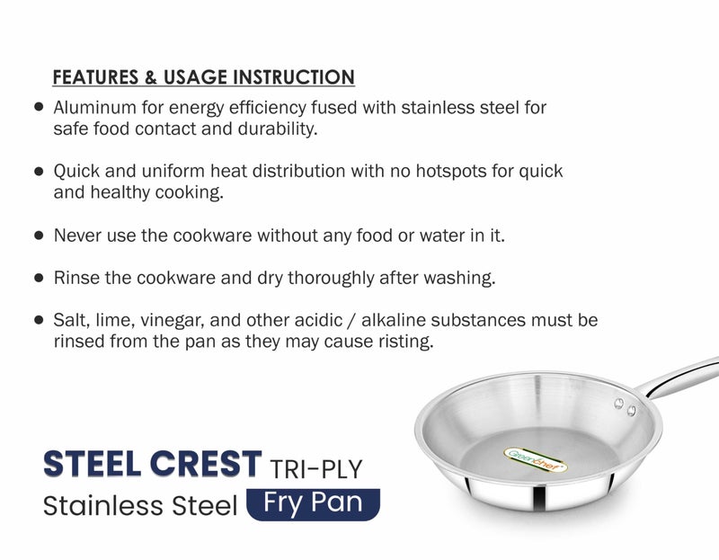 GREENCHEF SS Tri ply Steel Crest - Deep Frypan 22 cm, Stainless Steel Exterior Surface, Ergonomic Handles, Induction Compatible, Scratch Resistant, 5Year Warranty - Image 2