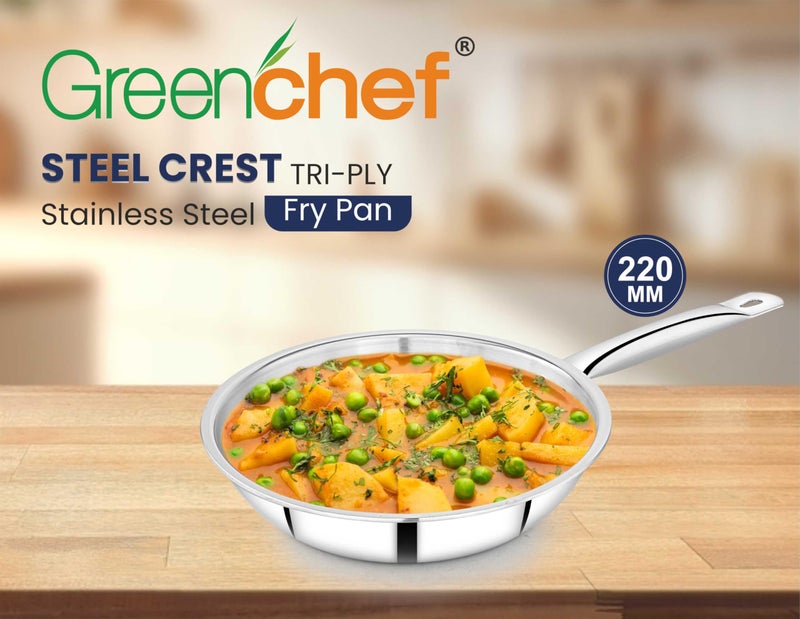 GREENCHEF SS Tri ply Steel Crest - Deep Frypan 22 cm, Stainless Steel Exterior Surface, Ergonomic Handles, Induction Compatible, Scratch Resistant, 5Year Warranty - Image 3