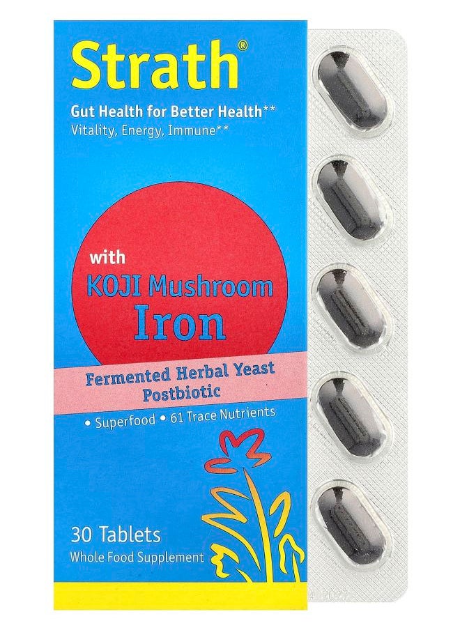 Bio-Strath Fermented Herbal Yeast Postbiotic With Koji Mushroom Iron 30 Tablets 