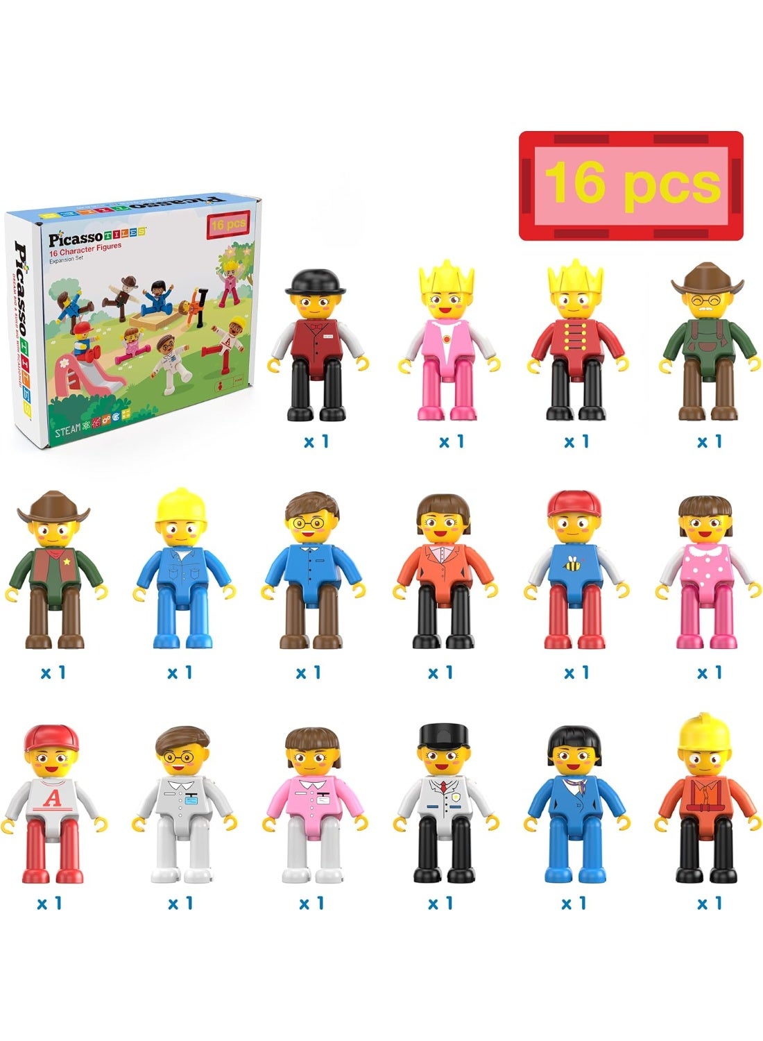 PicassoTiles Magnetic Character Figures 16-Pieces | Compatible with Magnetic Tiles | Building Blocks | STEM Toys | Educational Toy Set | Stacking Blocks | Construction Building Set for Child Brain Development