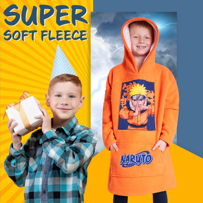 Naruto Fleece Hoodie Blanket for Boys and Teenagers - One Size Kids Oversized Hoodie with Sherpa Lining Gifts for Boys Orange - Image 2