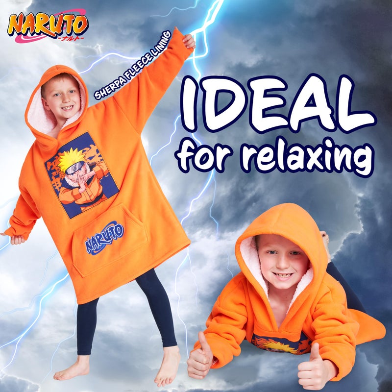 Naruto Fleece Hoodie Blanket for Boys and Teenagers - One Size Kids Oversized Hoodie with Sherpa Lining Gifts for Boys Orange - Image 3