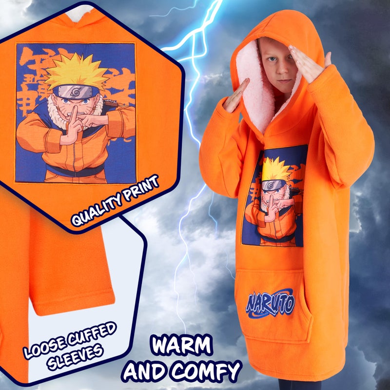 Naruto Fleece Hoodie Blanket for Boys and Teenagers - One Size Kids Oversized Hoodie with Sherpa Lining Gifts for Boys Orange - Image 4