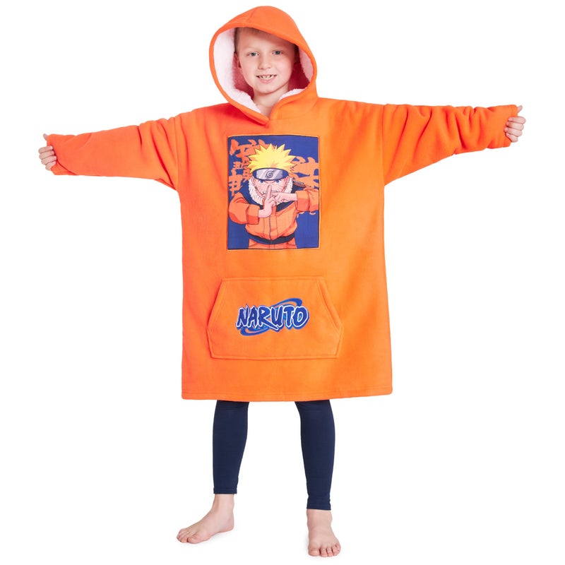 Naruto Fleece Hoodie Blanket for Boys and Teenagers - One Size Kids Oversized Hoodie with Sherpa Lining Gifts for Boys Orange - Image 1
