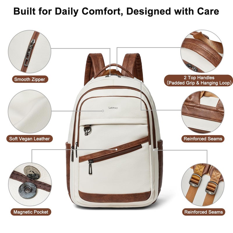 LATMAP 43L Backpack for Women Men - Vegan Leather Backpack Purse Travel Carry-on Bag College Bookbag Work fits 17" Laptop, Beige - Image 5