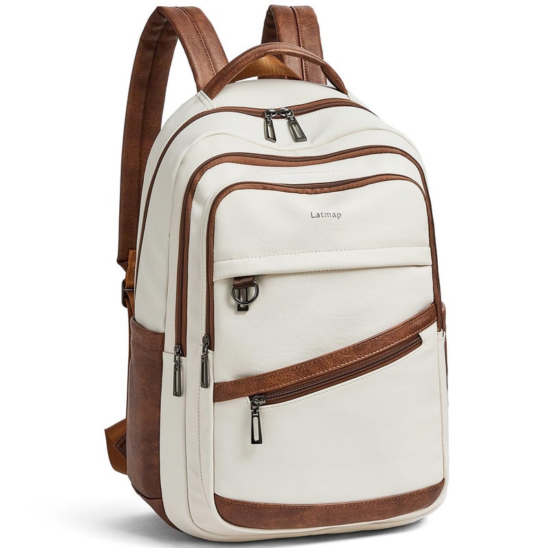 LATMAP 43L Backpack for Women Men - Vegan Leather Backpack Purse Travel Carry-on Bag College Bookbag Work fits 17" Laptop, Beige - Image 1