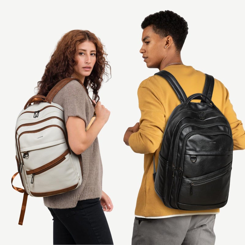 LATMAP 43L Backpack for Women Men - Vegan Leather Backpack Purse Travel Carry-on Bag College Bookbag Work fits 17" Laptop, Beige - Image 2