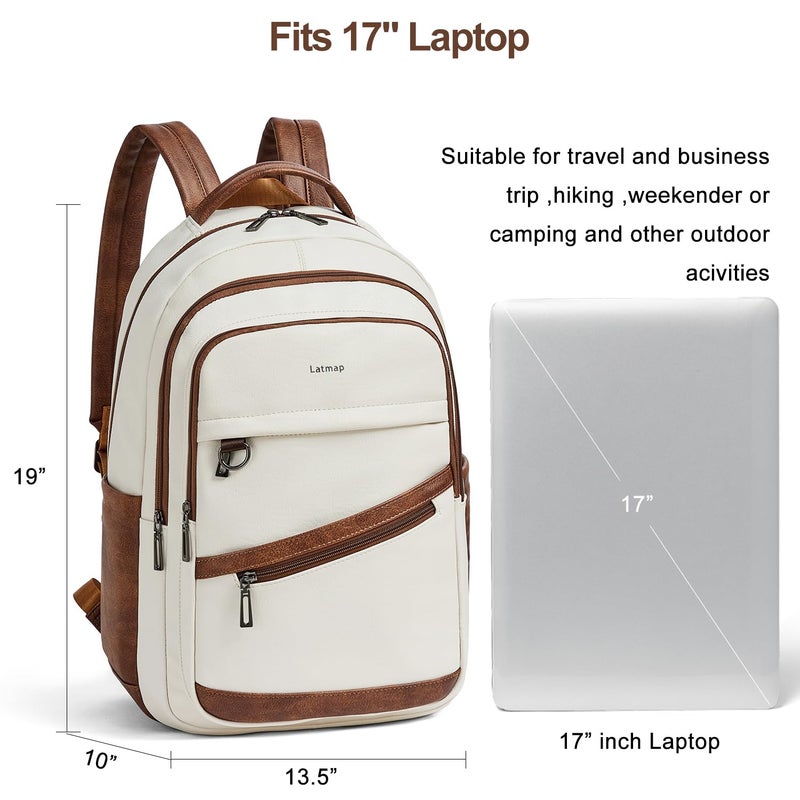 LATMAP 43L Backpack for Women Men - Vegan Leather Backpack Purse Travel Carry-on Bag College Bookbag Work fits 17" Laptop, Beige - Image 3