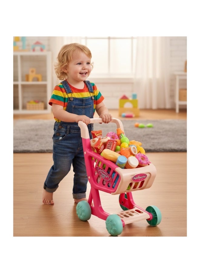 لوكاداه لعبة عربة تسوق للأطفال مع ملحقات طعام للعب التخيلي - عربة بقالة بلاستيكية كبيرة للأطفال الصغار، عربة سوبر ماركت للعب الأدوار، لعبة تعليمية للبنات والأولاد، مجموعة لعب تخيلي داخلية - Image 2