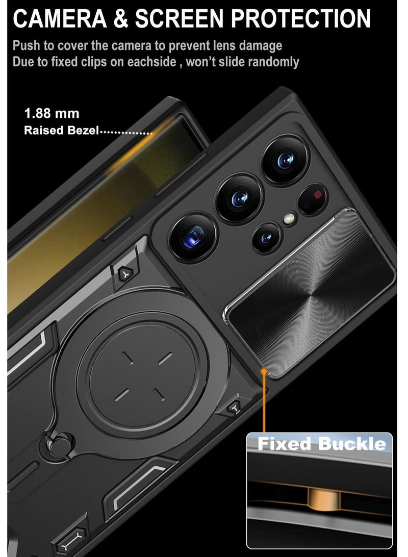 Captaintech For Samsung Galaxy S23 Ultra Case, Slide Camera Lens Cover,&nbsp; 360 Degree Rotating Ring Kickstand, 10FT MIL-Grade Shockproof Protection】, Magnetic Car Mount Compatible (Black) - Image 2