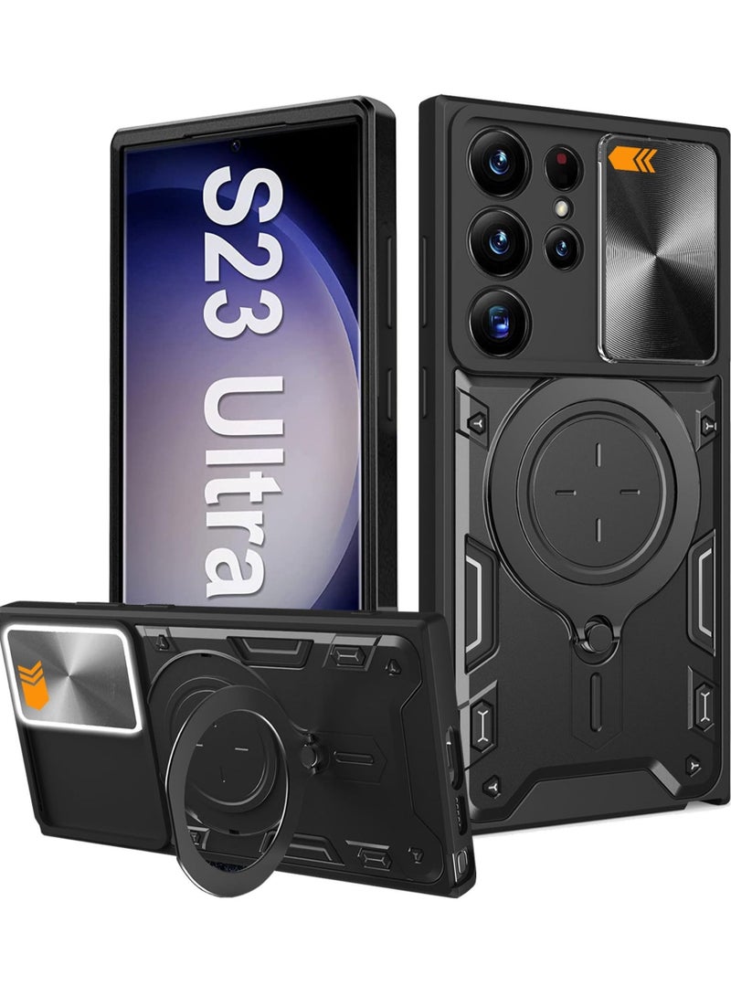 Captaintech For Samsung Galaxy S23 Ultra Case, Slide Camera Lens Cover,&nbsp; 360 Degree Rotating Ring Kickstand, 10FT MIL-Grade Shockproof Protection】, Magnetic Car Mount Compatible (Black) - Image 1