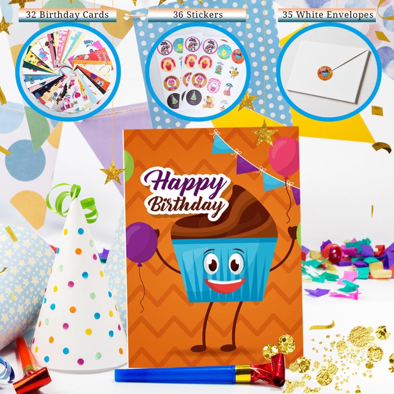 Eilyliafe Funny Birthday Cards Set, 32 Unique Designs Cute Happy Birthday Card Bulk with Envelopes & Stickers, Assorted Birthday Cards with Blank Inside - 4 x 6 Inch Greeting Card Perfect to Send Warm Birthday Wishes for Kids Family Friends - Image 3