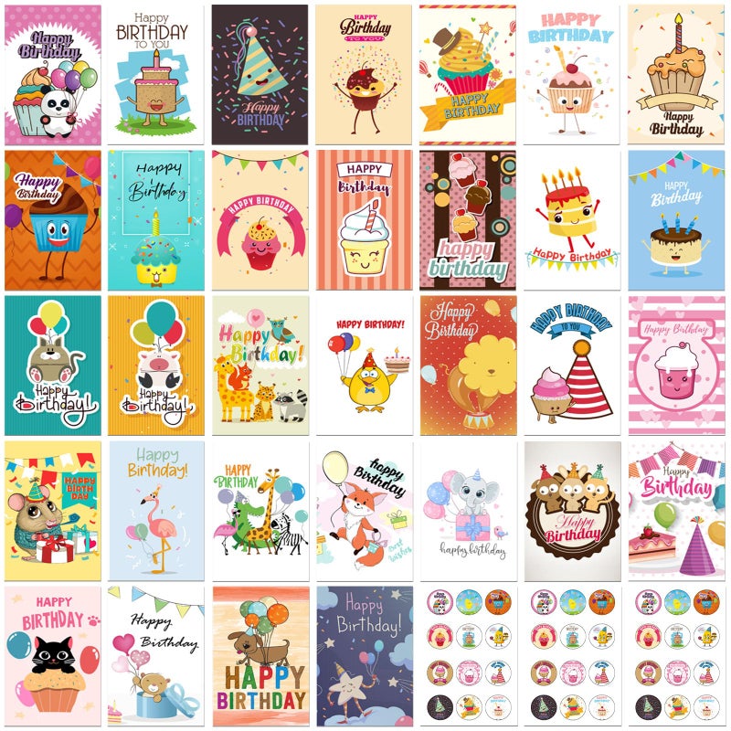 Eilyliafe Funny Birthday Cards Set, 32 Unique Designs Cute Happy Birthday Card Bulk with Envelopes & Stickers, Assorted Birthday Cards with Blank Inside - 4 x 6 Inch Greeting Card Perfect to Send Warm Birthday Wishes for Kids Family Friends - Image 1