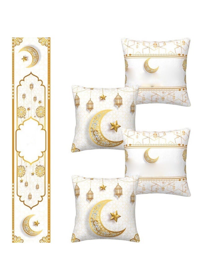 A set of 5 natural linen sofa cushion covers and back pillow covers, with a single-sided printed moon table runner (4 cushion covers sized 45x45 cm, not including filling; 1 table runner sized 33x180 cm), perfect for living room guest cushions. - Image 1