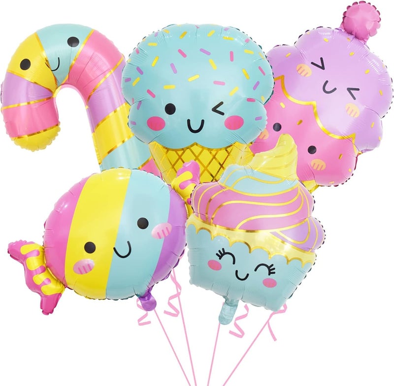 Atpata Funky Sweet Tooth Foil Balloons Combo - 5pcs Party Decoration Set with Ice Cream, Candy Cane, Cupcake & Candy Shape Balloons in Rainbow & Golden Stripes for Birthdays and Candyland Themes - Image 1
