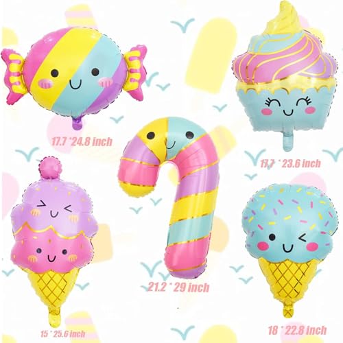 Atpata Funky Sweet Tooth Foil Balloons Combo - 5pcs Party Decoration Set with Ice Cream, Candy Cane, Cupcake & Candy Shape Balloons in Rainbow & Golden Stripes for Birthdays and Candyland Themes - Image 3
