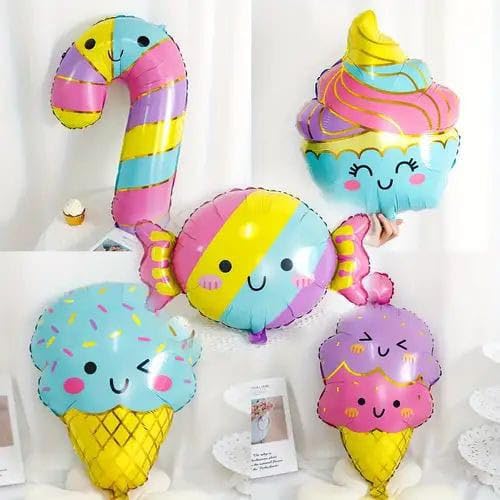 Atpata Funky Sweet Tooth Foil Balloons Combo - 5pcs Party Decoration Set with Ice Cream, Candy Cane, Cupcake & Candy Shape Balloons in Rainbow & Golden Stripes for Birthdays and Candyland Themes - Image 2