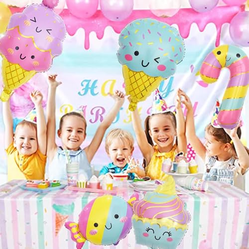 Atpata Funky Sweet Tooth Foil Balloons Combo - 5pcs Party Decoration Set with Ice Cream, Candy Cane, Cupcake & Candy Shape Balloons in Rainbow & Golden Stripes for Birthdays and Candyland Themes - Image 4