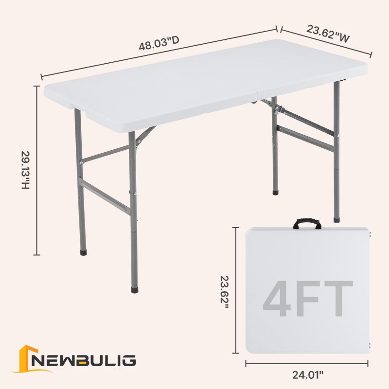 NEWBULIG 4 FT Folding Table Plastic Portable Fold-in-Half Table Heavy Duty for Camping Picnic Dining Party Kitchen Outdoor Indoor with Carrying Handle - Image 2