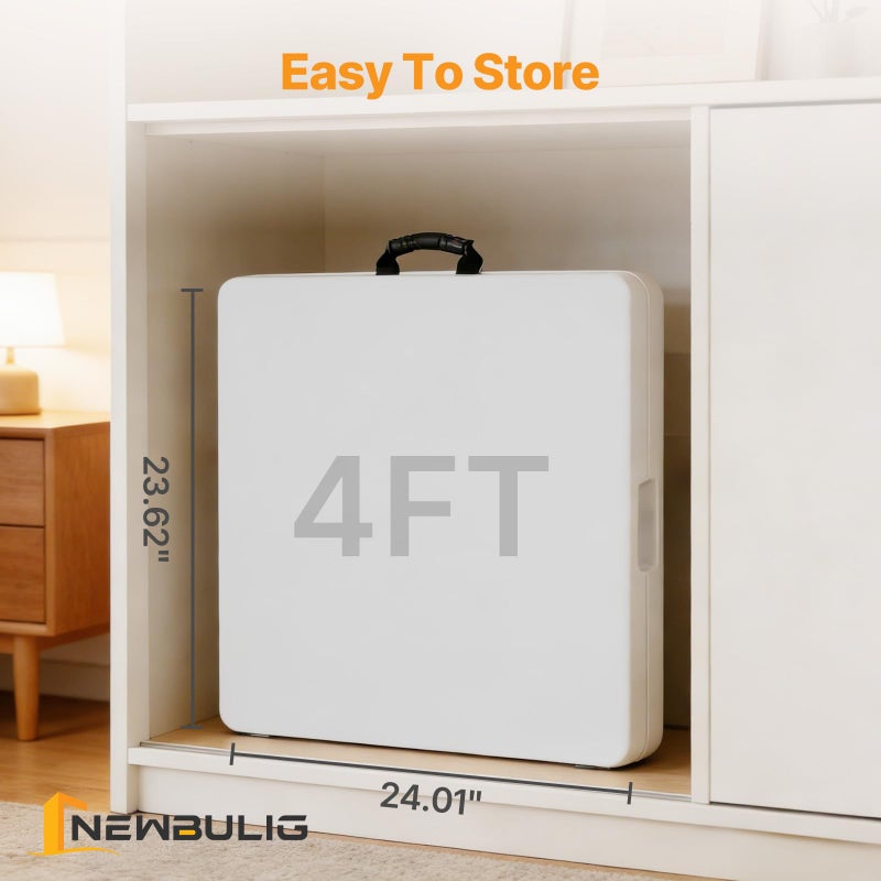 NEWBULIG 4 FT Folding Table Plastic Portable Fold-in-Half Table Heavy Duty for Camping Picnic Dining Party Kitchen Outdoor Indoor with Carrying Handle - Image 4