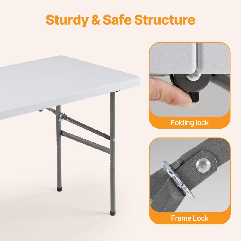 NEWBULIG 4 FT Folding Table Plastic Portable Fold-in-Half Table Heavy Duty for Camping Picnic Dining Party Kitchen Outdoor Indoor with Carrying Handle - Image 5