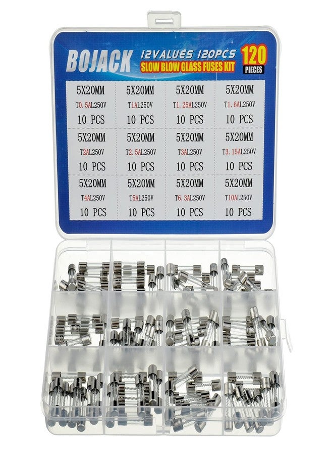 BOJACK 12 Values 120 pcs Slow Blow Glass Fuses Assortment Kit 5x20mm 250V T0.5A 1A 1.25A 1.6A 2A 2.5A 3A 3.15A 4A 5A 6.3A 10A packag in a Clear Plastic Box - Image 1