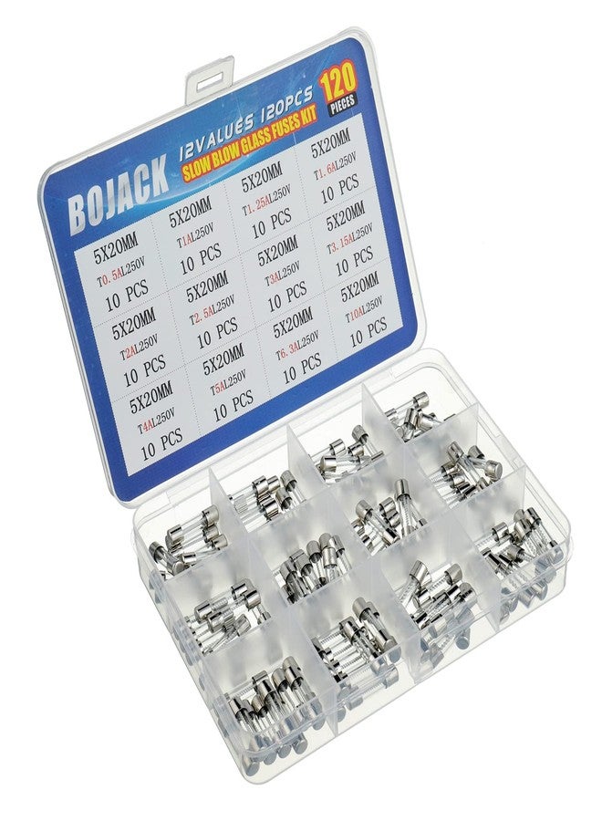 BOJACK 12 Values 120 pcs Slow Blow Glass Fuses Assortment Kit 5x20mm 250V T0.5A 1A 1.25A 1.6A 2A 2.5A 3A 3.15A 4A 5A 6.3A 10A packag in a Clear Plastic Box - Image 2