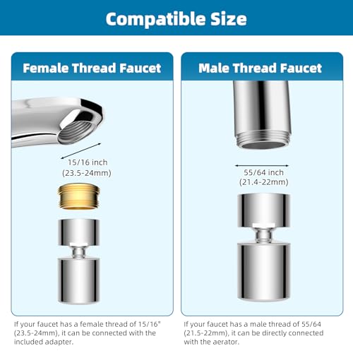 Hibbent NSF/ANSI/CAN 61 Certified Faucet Aerator, CUPC Certification 360° Twist Kitchen Sink Aerator, Dual-function Sink Sprayer Attachment, Faucet Replacement Part 55/64'' Female Thread, Chrome - Image 3