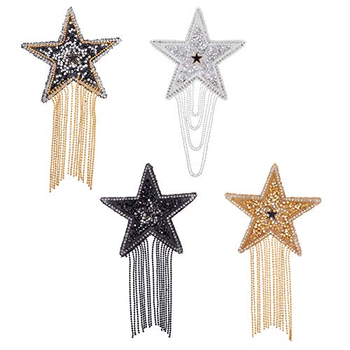 FINGERINSPIRE 4 Colors Rhinestone Star Patche Iron on Patches with Chains Tassel Sparkling Clothes Repair Patches Fashion Appliques Badge for Clothing Dress Hat Bag Jacket Shoes Garment DIY Decoration - Image 1