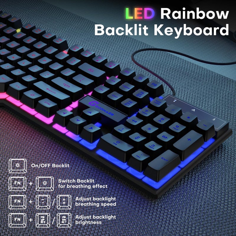 GEODMAER 104 Keys Gaming Keyboard, Full Size LED Backlit Wired Keyboard with Multimedia Keys, Anti-Ghosting, Spill-Resistant Membrane Gaming Keyboard for PC Laptop - Image 5