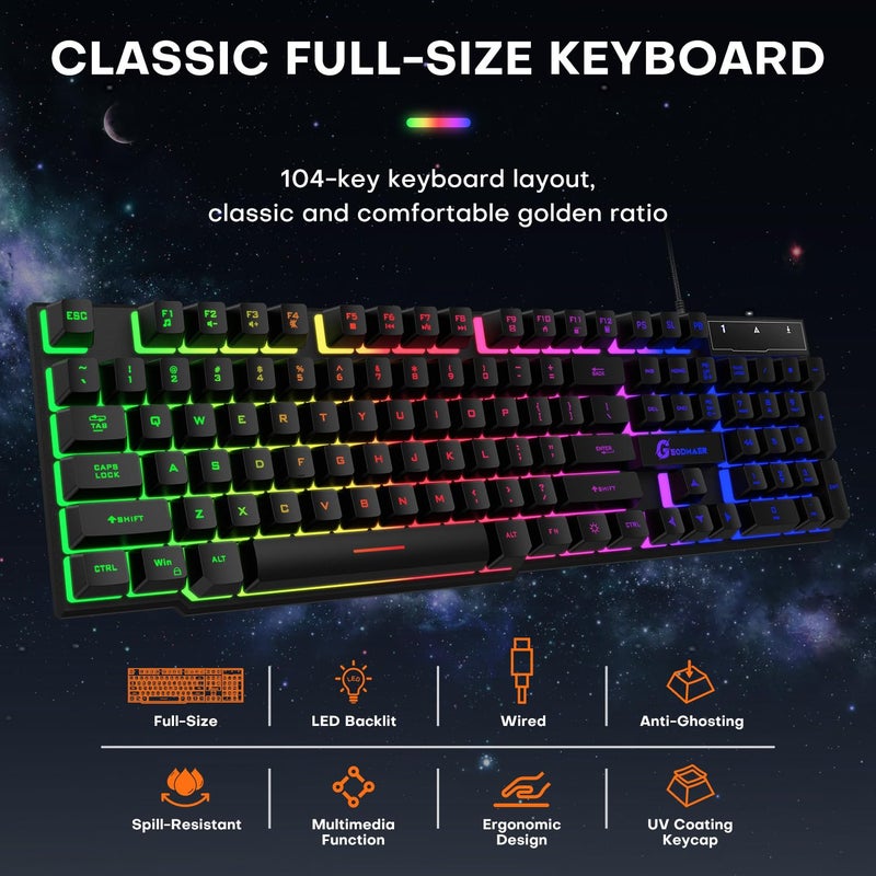 GEODMAER 104 Keys Gaming Keyboard, Full Size LED Backlit Wired Keyboard with Multimedia Keys, Anti-Ghosting, Spill-Resistant Membrane Gaming Keyboard for PC Laptop - Image 2