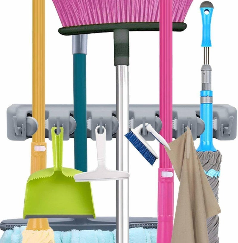 PUHBRHY 5 Slot Mop Holder and Broom Holder 5 Slot Position with 6 Hooks Brooms Holder Wall MountedPack of 1 - Image 1