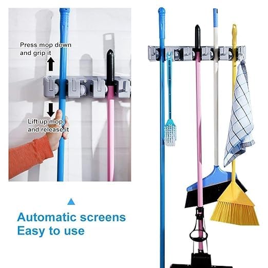 PUHBRHY 5 Slot Mop Holder and Broom Holder 5 Slot Position with 6 Hooks Brooms Holder Wall MountedPack of 1 - Image 3