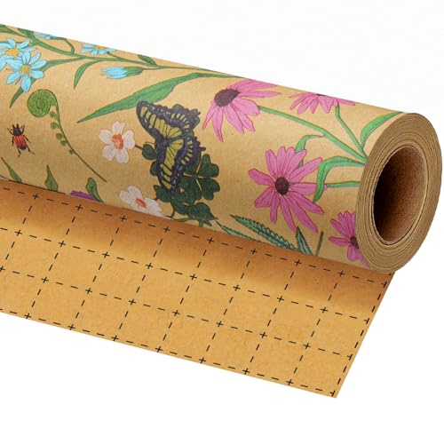 BIOBROWN Kraft Floral Wrapping Paper Roll - 17 Inches X 33 Feet (47 sq. ft. ttl.) Wildflower Design Flower Gift Wrap for Mother's Day, Wedding, Bridal Shower, Birthday, Engagement - Image 1