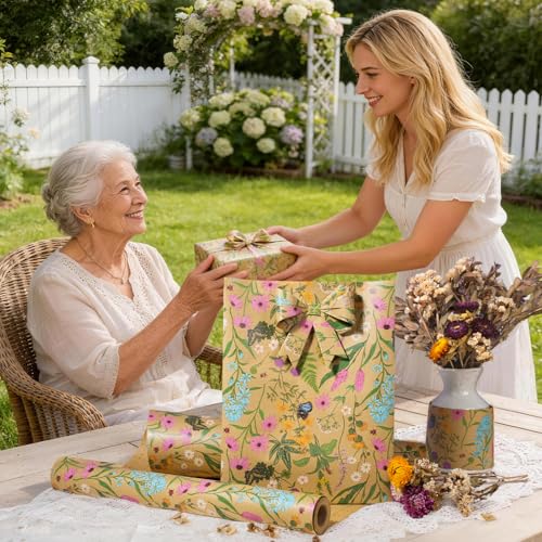 BIOBROWN Kraft Floral Wrapping Paper Roll - 17 Inches X 33 Feet (47 sq. ft. ttl.) Wildflower Design Flower Gift Wrap for Mother's Day, Wedding, Bridal Shower, Birthday, Engagement - Image 3